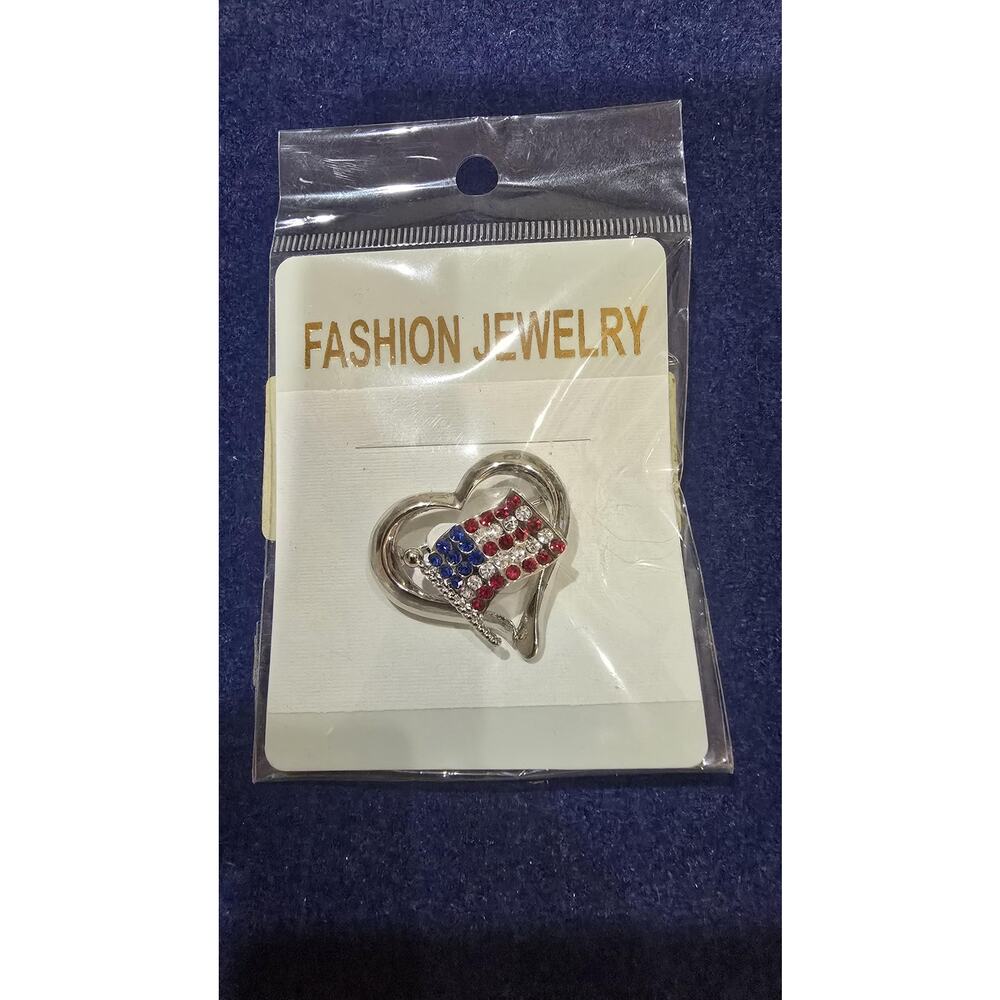 Patriotic Heart American Flag Brooch Pin Rhinestone Red White Blue Silver Tone